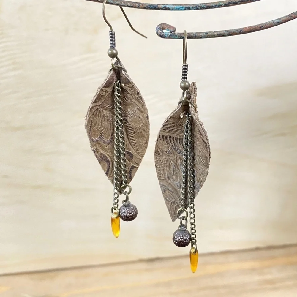 Leather Earrings Orange Glass Bead and‎ chains
